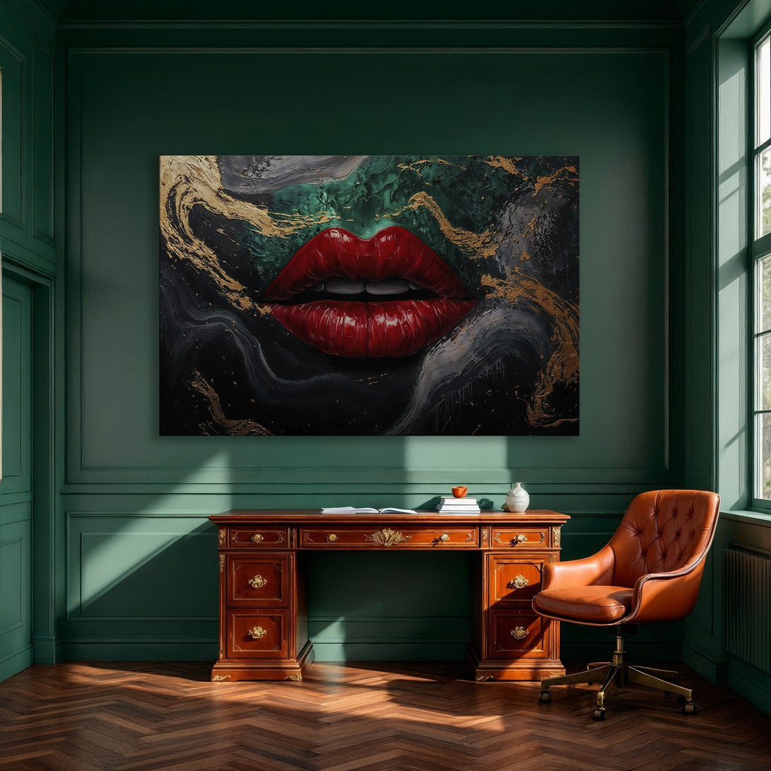 Framed Wall Art: Bold red lips abstract art with gold accents. Modern canvas print adds a pop of color to any room.