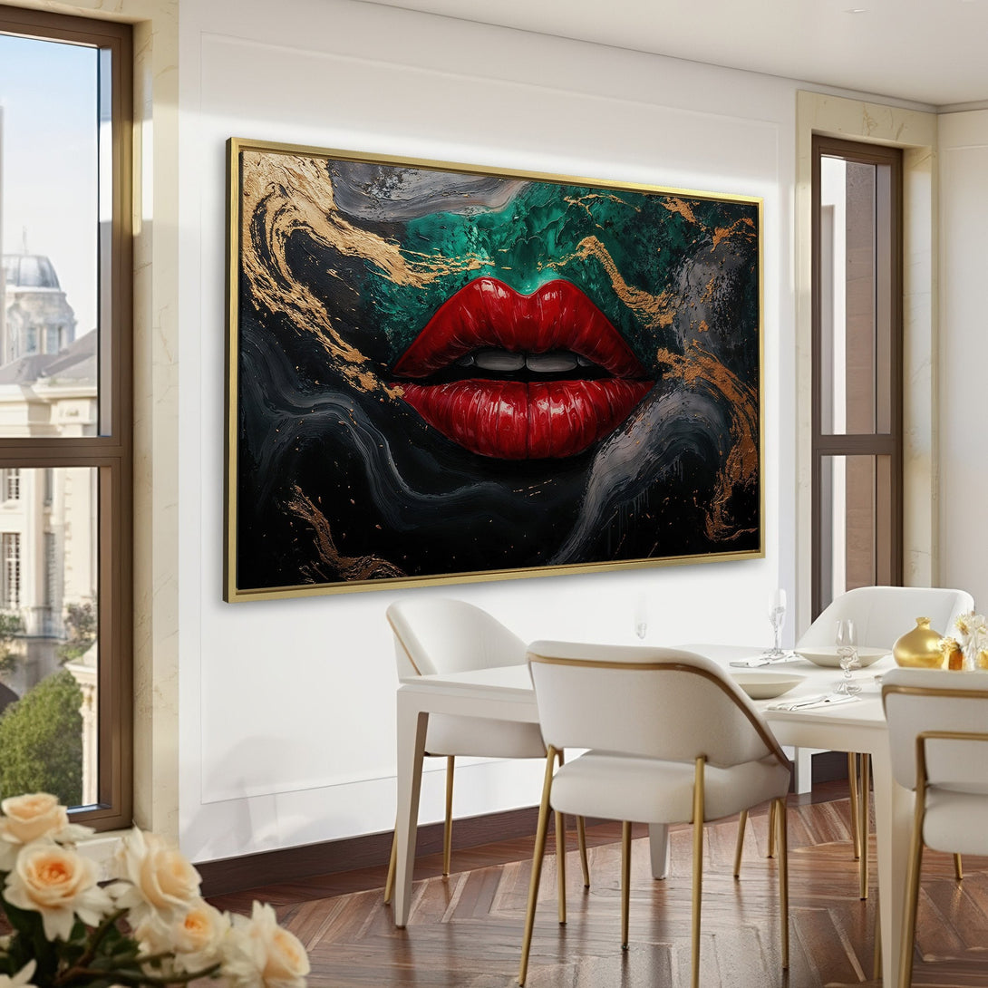 Canvas Print of bold red lips in a modern abstract style with a dark, moody color palette. Perfect for adding a statement piece to any room.