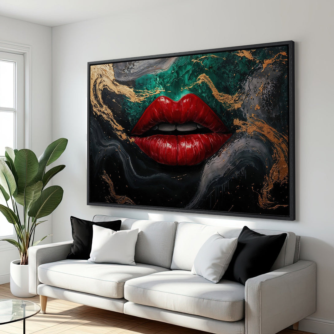 Framed Wall Art: Abstract red lips canvas print with gold accents. Modern art in a black, green, and gold color palette. Elevate your space!