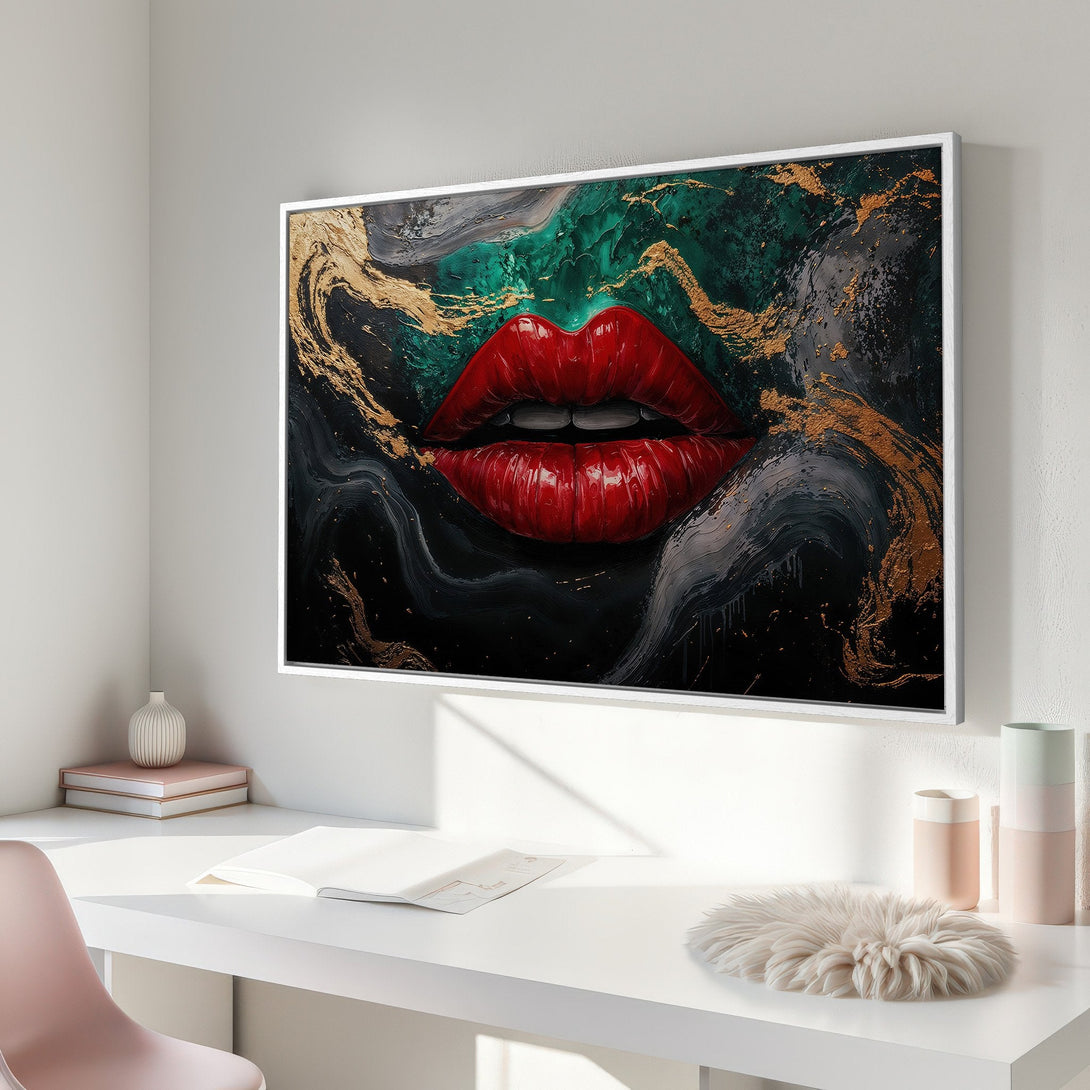 Framed Wall Art featuring bold red lips against a dark, abstract background with gold accents. Modern art with a striking color palette.