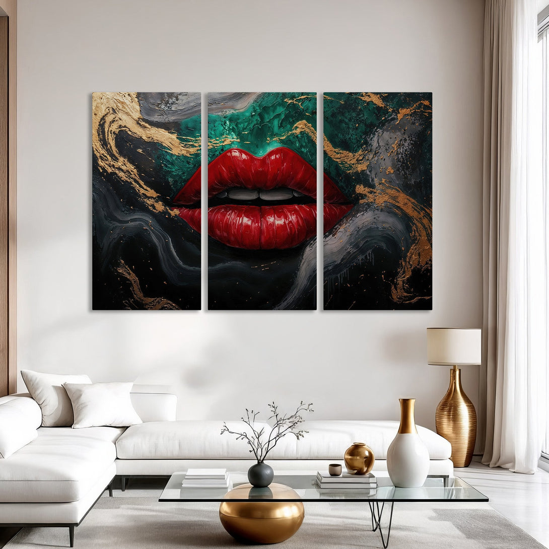 Canvas Print of abstract red lips art with gold accents, displayed in a modern living room. Bold, luxurious wall decor.