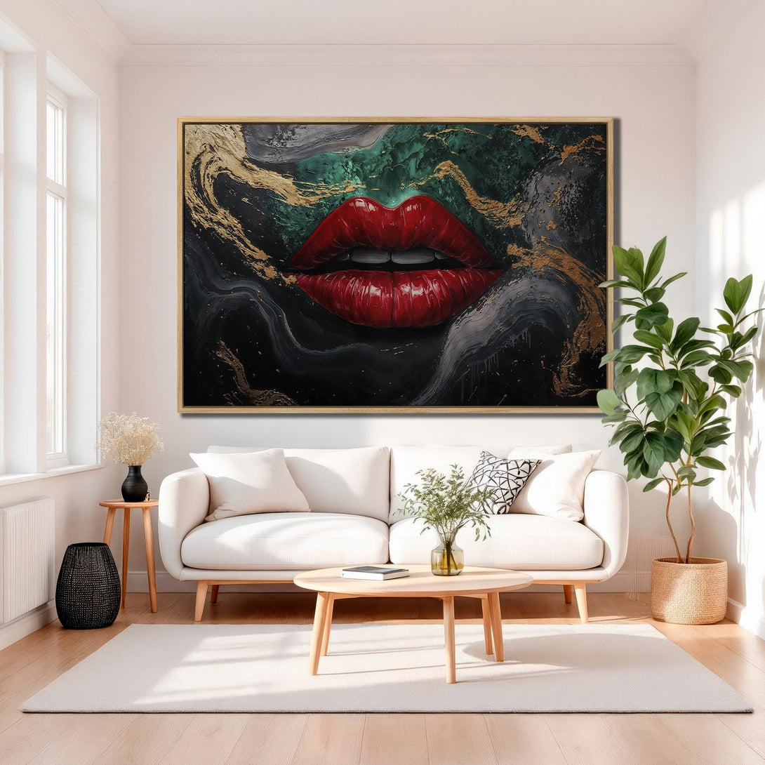 Framed Wall Art featuring bold red lips on a dark, abstract background with gold accents. Modern art for a stylish home.