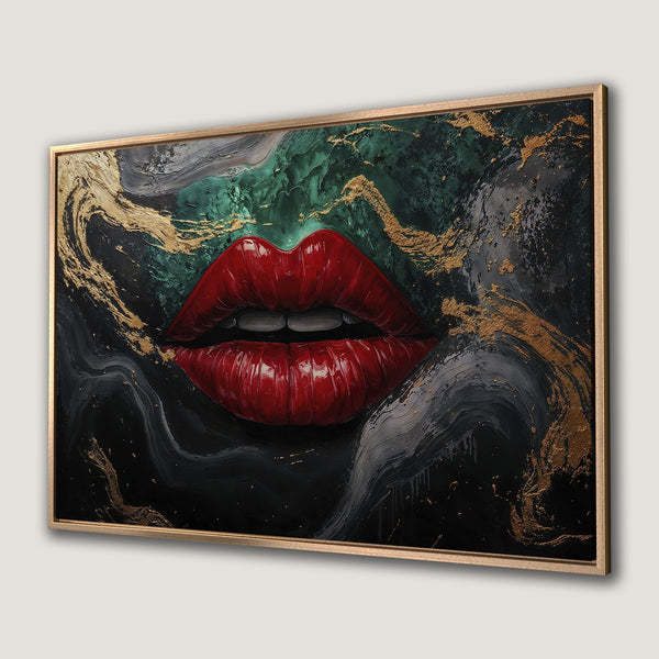 Framed Wall Art featuring bold red lips, abstract style, and a dark, moody color palette with gold accents. Perfect for a modern interior.