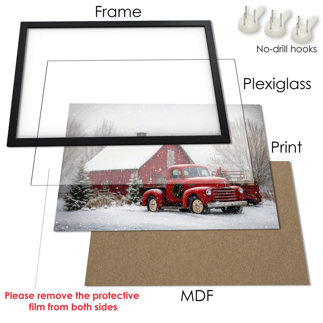 Framed Poster featuring a red truck in a winter scene. Rustic style with red, white, and neutral color palette.