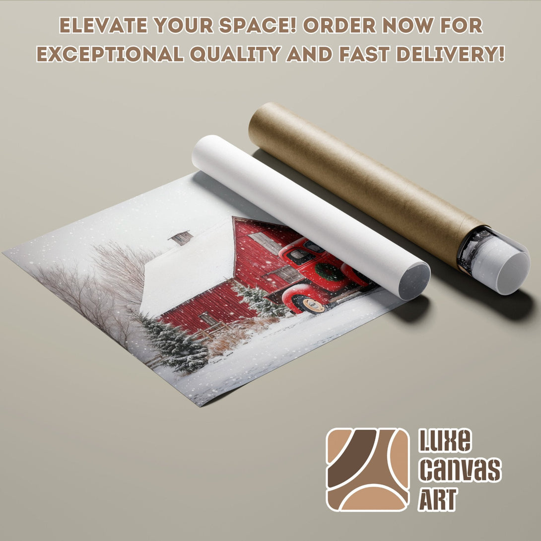 Poster Roll featuring a winter scene with a red barn, rustic style, and a warm color palette.