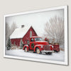 Red Pickup Truck Art Poster in Snowy Barn Scene