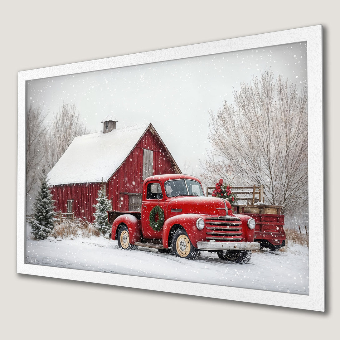 Framed Poster of a red truck and barn in a winter scene. Rustic style with a red, white, and green color palette. Perfect for holiday decor.