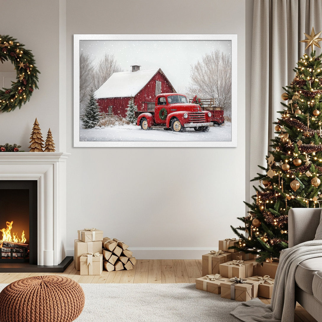 Framed Poster featuring a red truck in a snowy scene. Rustic style, warm red and white color palette, perfect for Christmas decor.