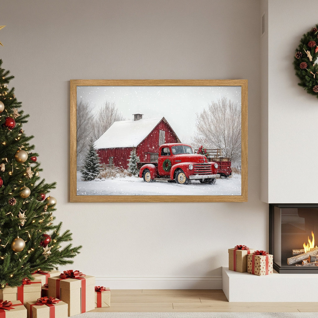 Framed Poster featuring a red truck and barn in a snowy landscape. Rustic style with a warm, festive color palette. Perfect Christmas decor!