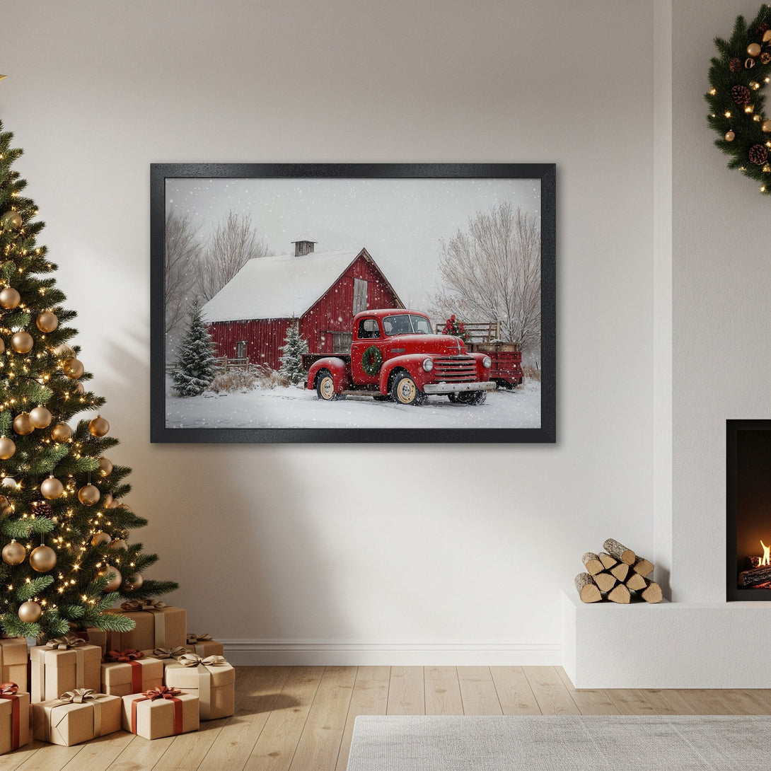 Framed Poster featuring a red truck and barn in a snowy winter scene. Rustic style with a warm, inviting red and white color palette. Perfect Christmas decor.