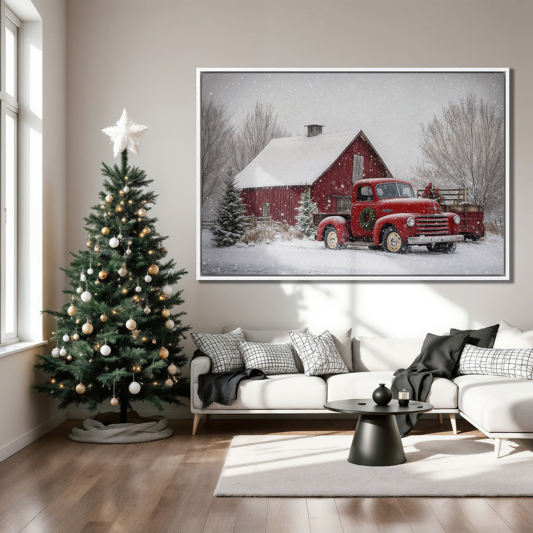 Framed Wall Art: Rustic red truck & barn in snowy winter scene. Farmhouse style with red, white, and green color palette. Perfect Christmas decor!