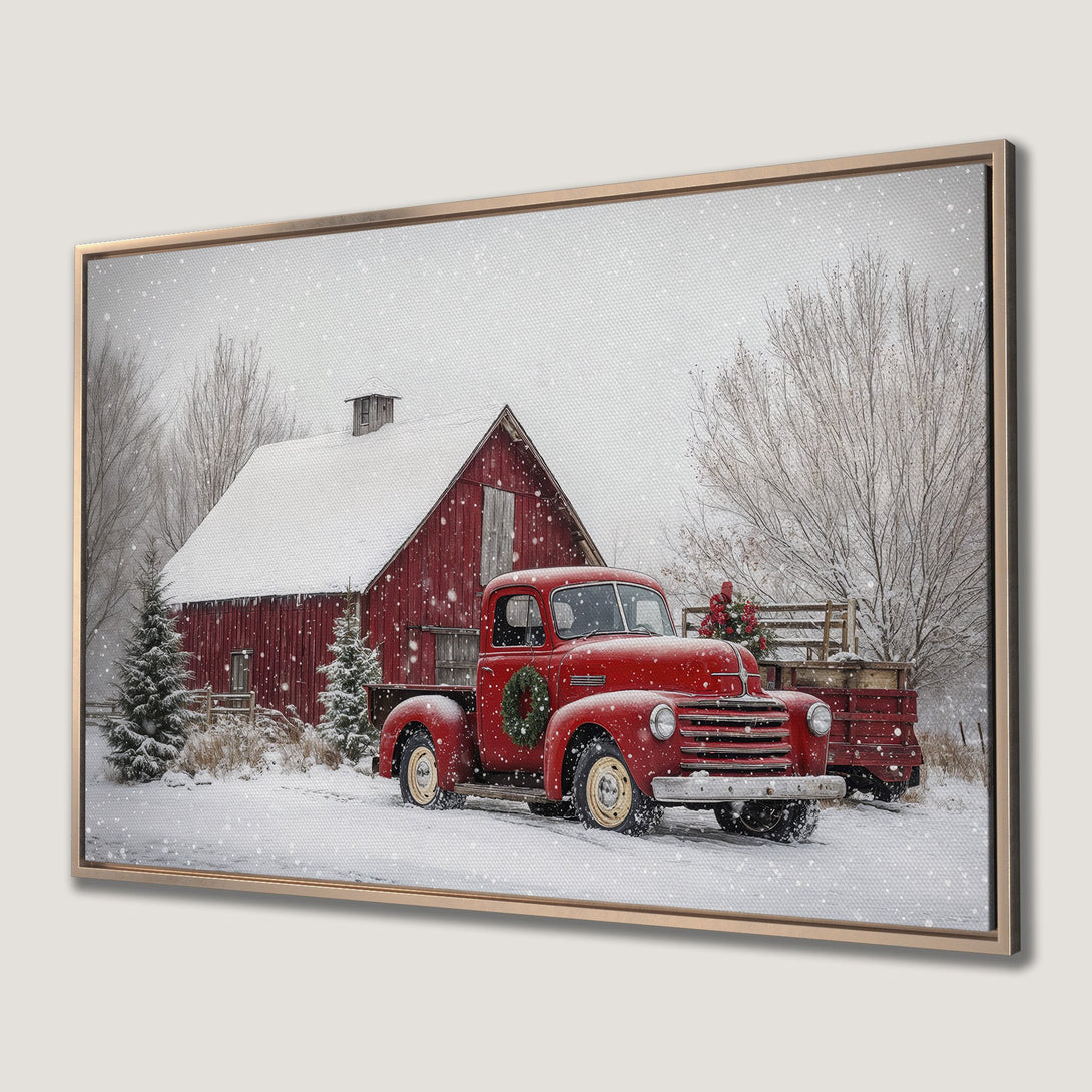 Framed Wall Art: Rustic winter scene with red truck & barn. Warm red, white & green color palette. Perfect farmhouse decor for the holidays.