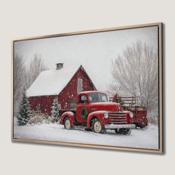 Framed Wall Art: Rustic winter scene with red truck & barn. Warm red, white & green color palette. Perfect farmhouse decor for the holidays.
