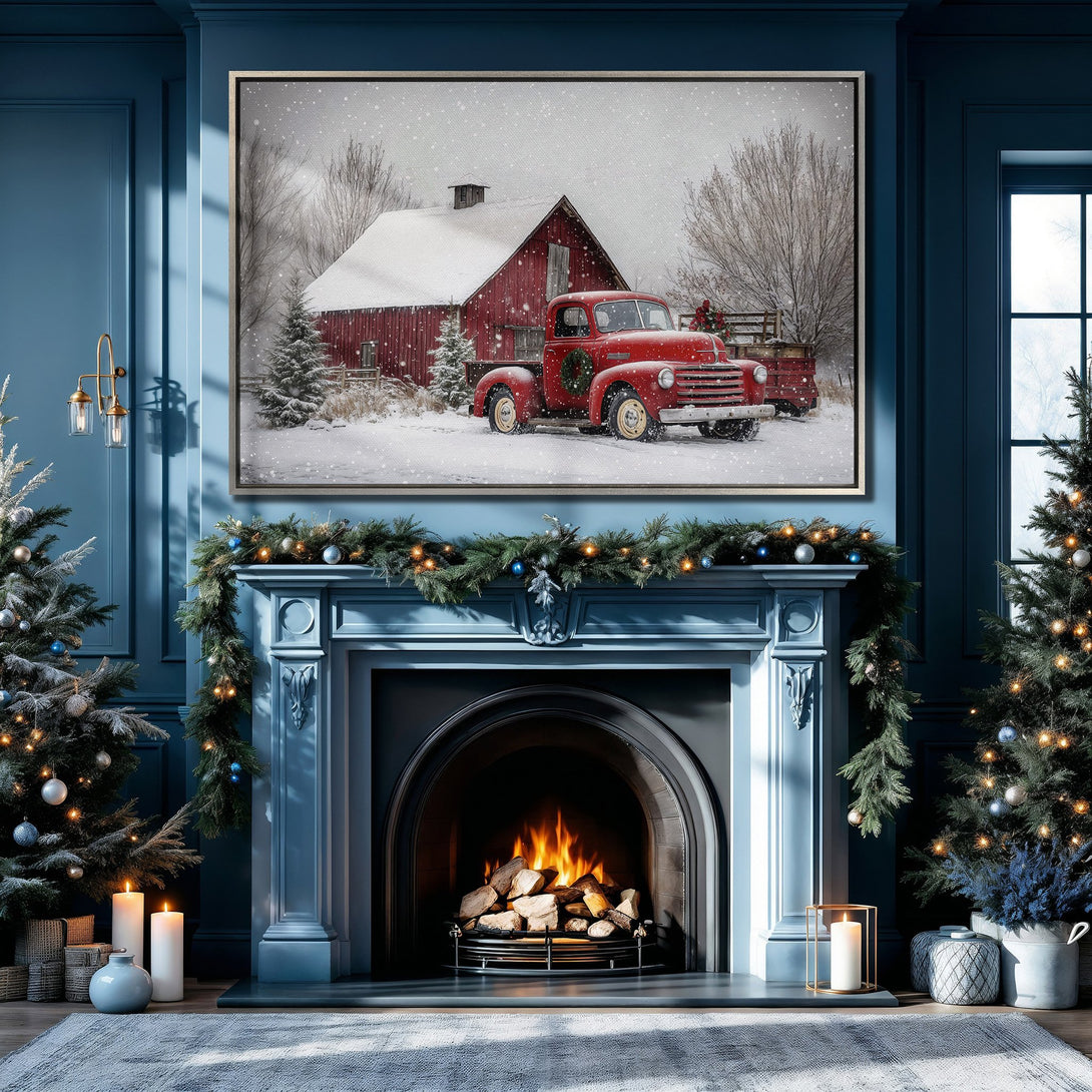 Framed Wall Art: Rustic red truck & barn in winter scene. Cozy farmhouse style with a warm, inviting color palette. Perfect for holiday decor!