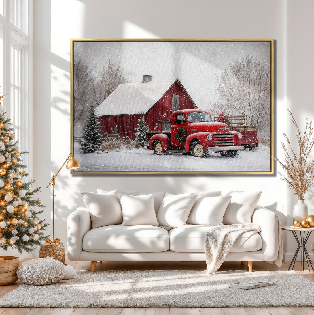 Canvas Print featuring a red truck and barn in a winter scene. Rustic style with a warm, neutral color palette. Perfect for cozy home decor.