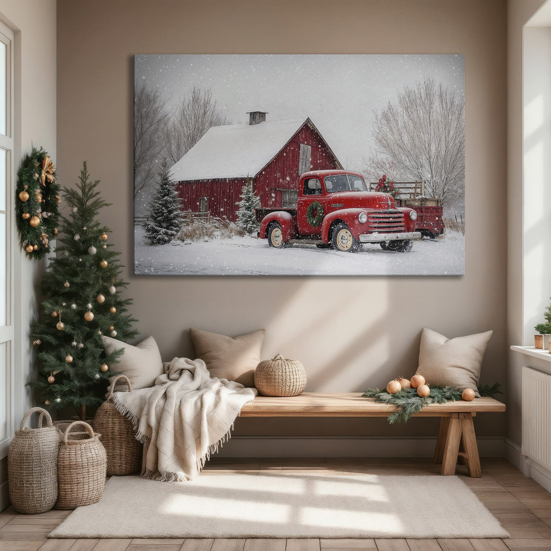Framed Wall Art featuring a red truck and barn in a snowy landscape. Rustic farmhouse style with a warm red and neutral color palette, perfect for cozy interiors.