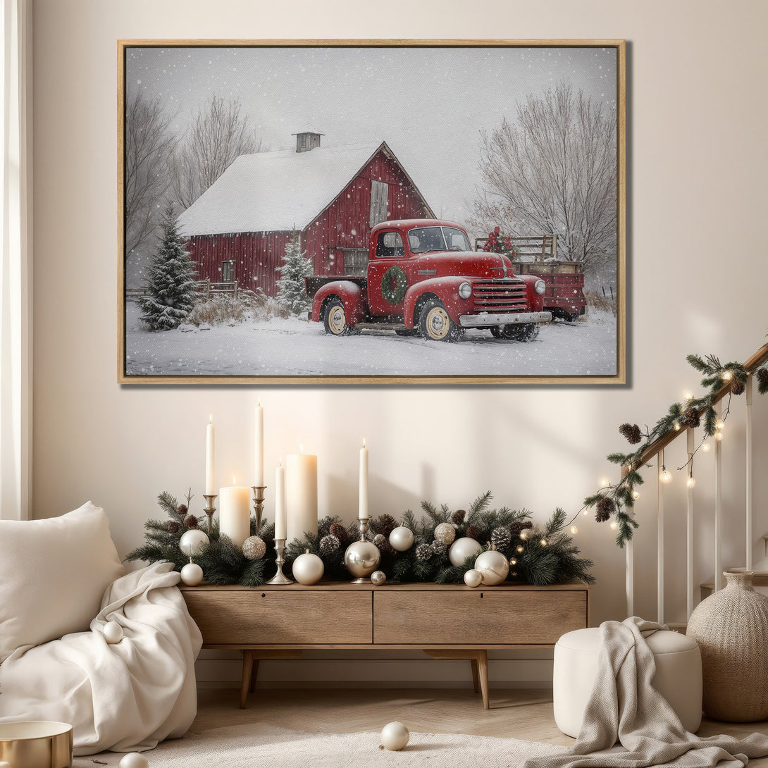 Framed Wall Art featuring a classic red truck and barn in a snowy winter scene. Warm, inviting color palette perfect for holiday decor.