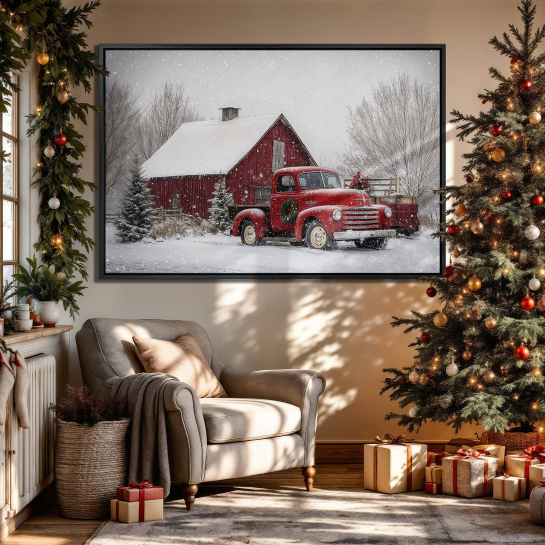Framed Wall Art: Rustic winter scene with red truck & barn. Cozy, warm color palette. Perfect holiday decor for your home!
