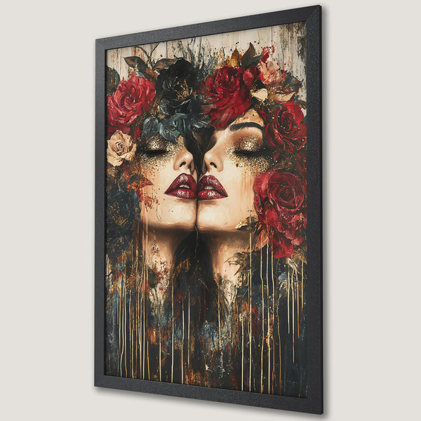 Framed Poster featuring a woman with roses, in an artistic style with a red, gold, and black color palette. Perfect wall art for your home.