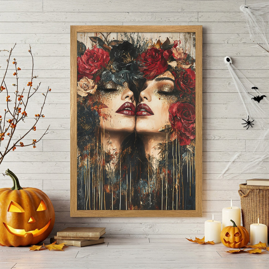 Framed Poster featuring two women, floral crowns, and a dark, moody color palette. Perfect for Halloween decor!