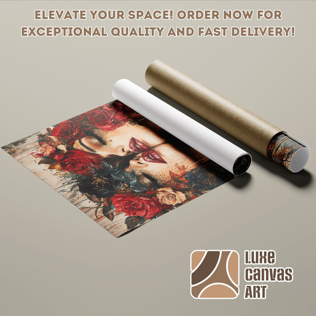 Poster Roll featuring a woman with roses, artistic style, rich red & brown palette.