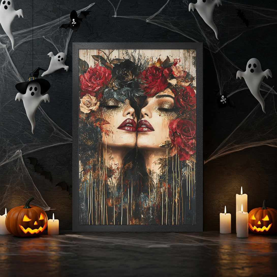Framed Poster featuring a woman with roses, in a dark, moody style with red, black, and gold tones. Perfect Halloween decor.