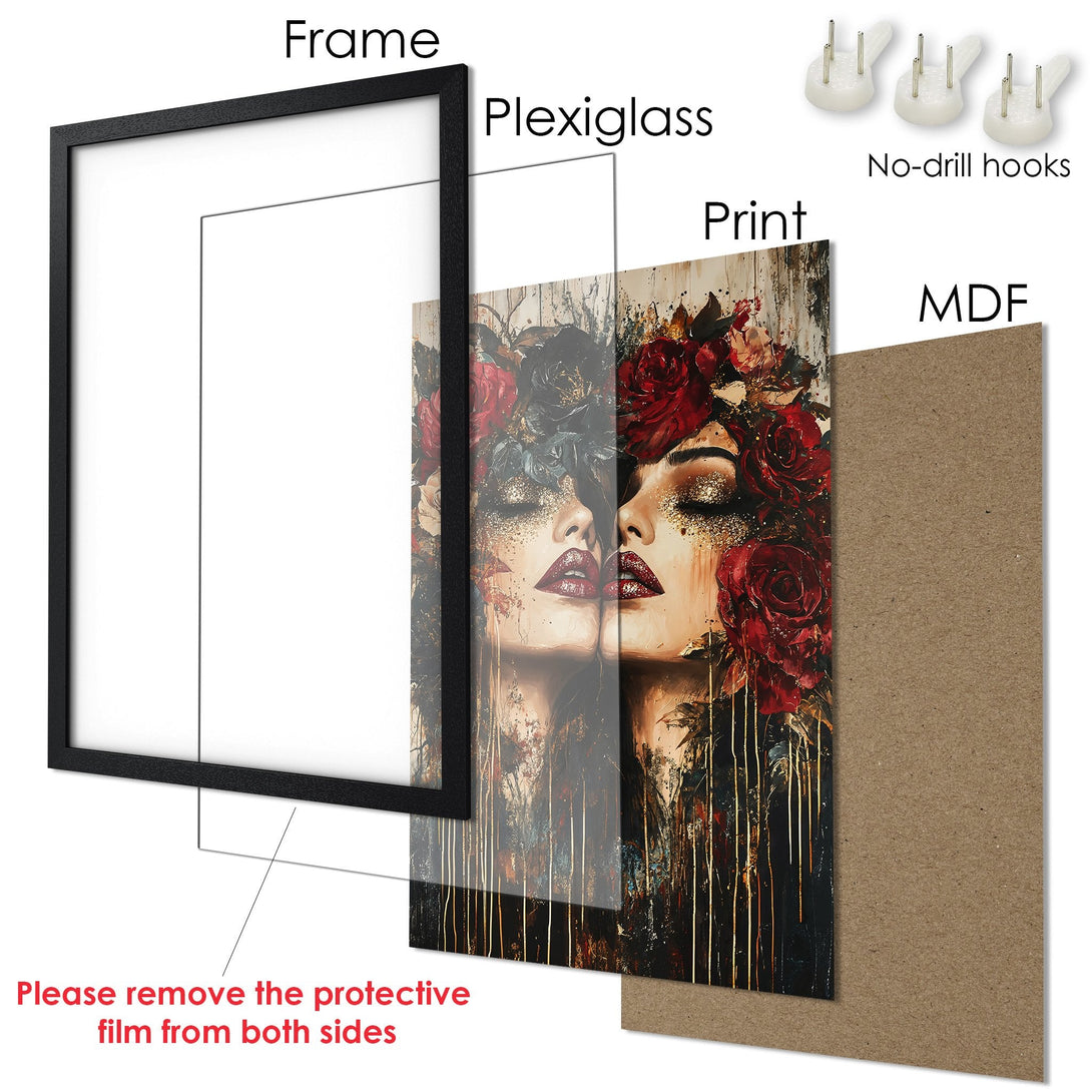 Framed Poster featuring a woman with roses, artistic style, rich red and gold tones. Perfect wall art for your home!