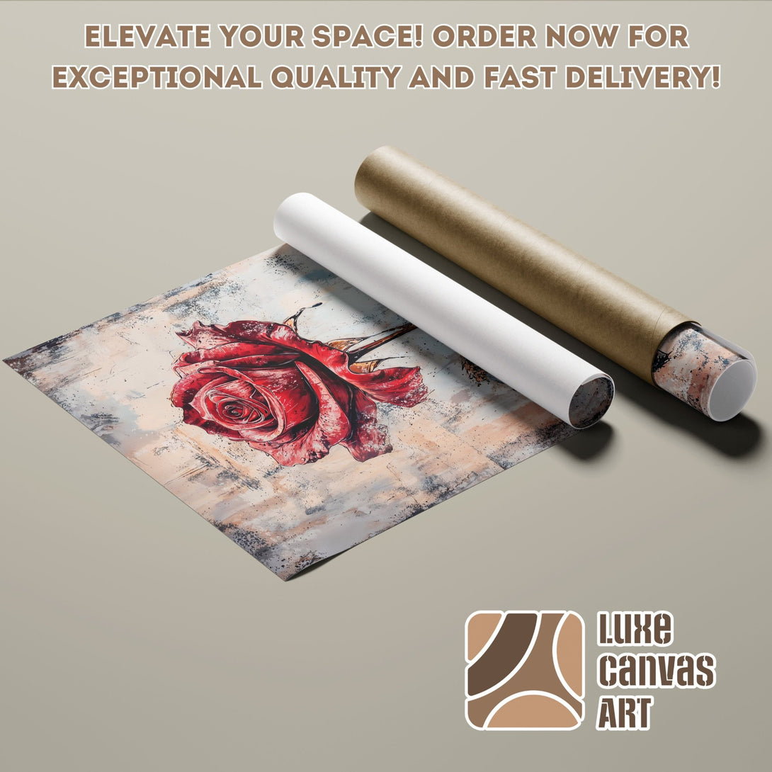 Rose art poster roll, abstract style, red and neutral color palette. Elevate your space with Luxe Canvas Art!