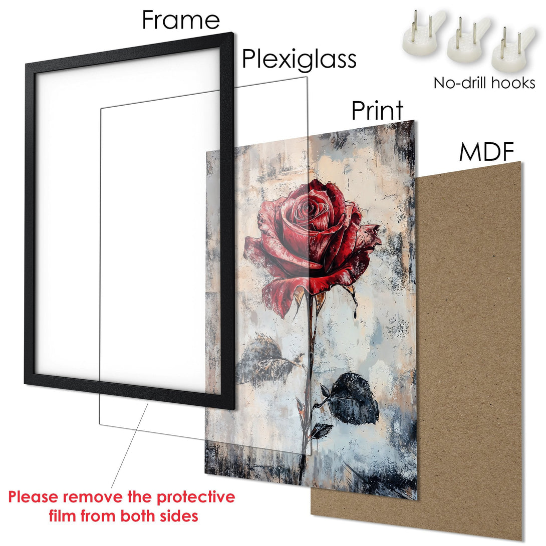 Framed Poster of a red rose art print. Features a modern, abstract style with a warm, neutral color palette. Perfect wall decor.
