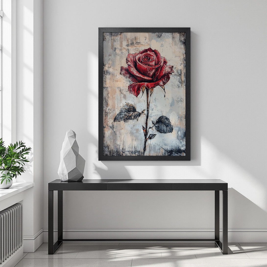 Framed Poster featuring a vibrant red rose art print. Modern style, neutral color palette. Perfect wall decor for any room.