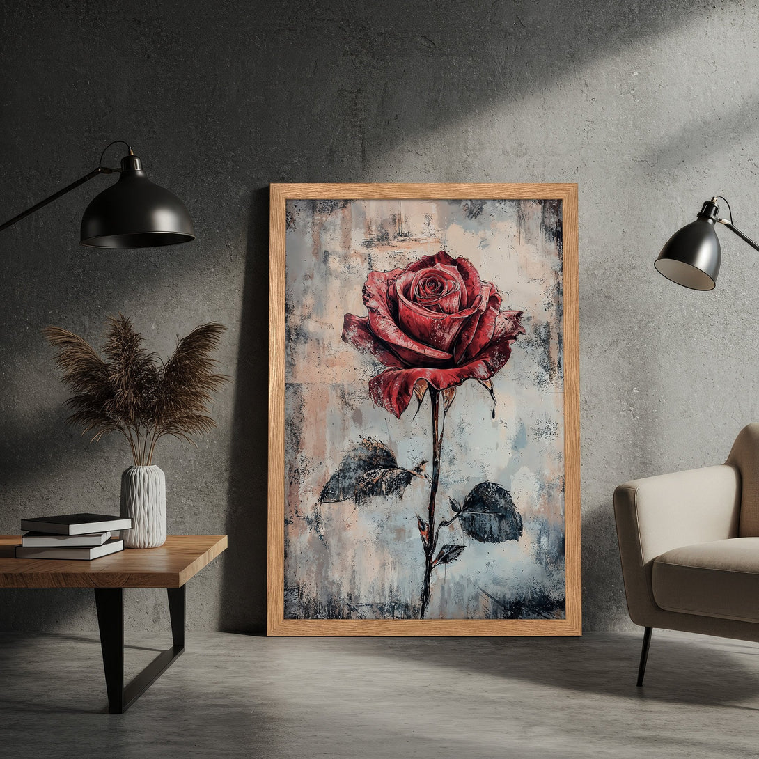 Framed Poster featuring a stylized red rose art print. Modern style with a neutral, muted color palette. Perfect wall decor!