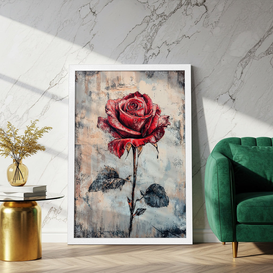 Framed Poster featuring a vibrant red rose art print. Abstract style with a neutral and red color palette, perfect wall decor.