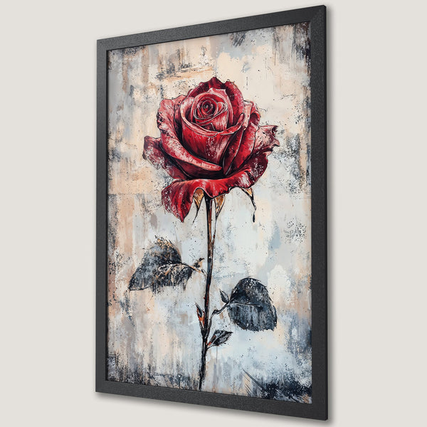 Framed Poster featuring a vibrant red rose. Artistic style with a neutral, textured background. Elegant decor with a striking color palette.