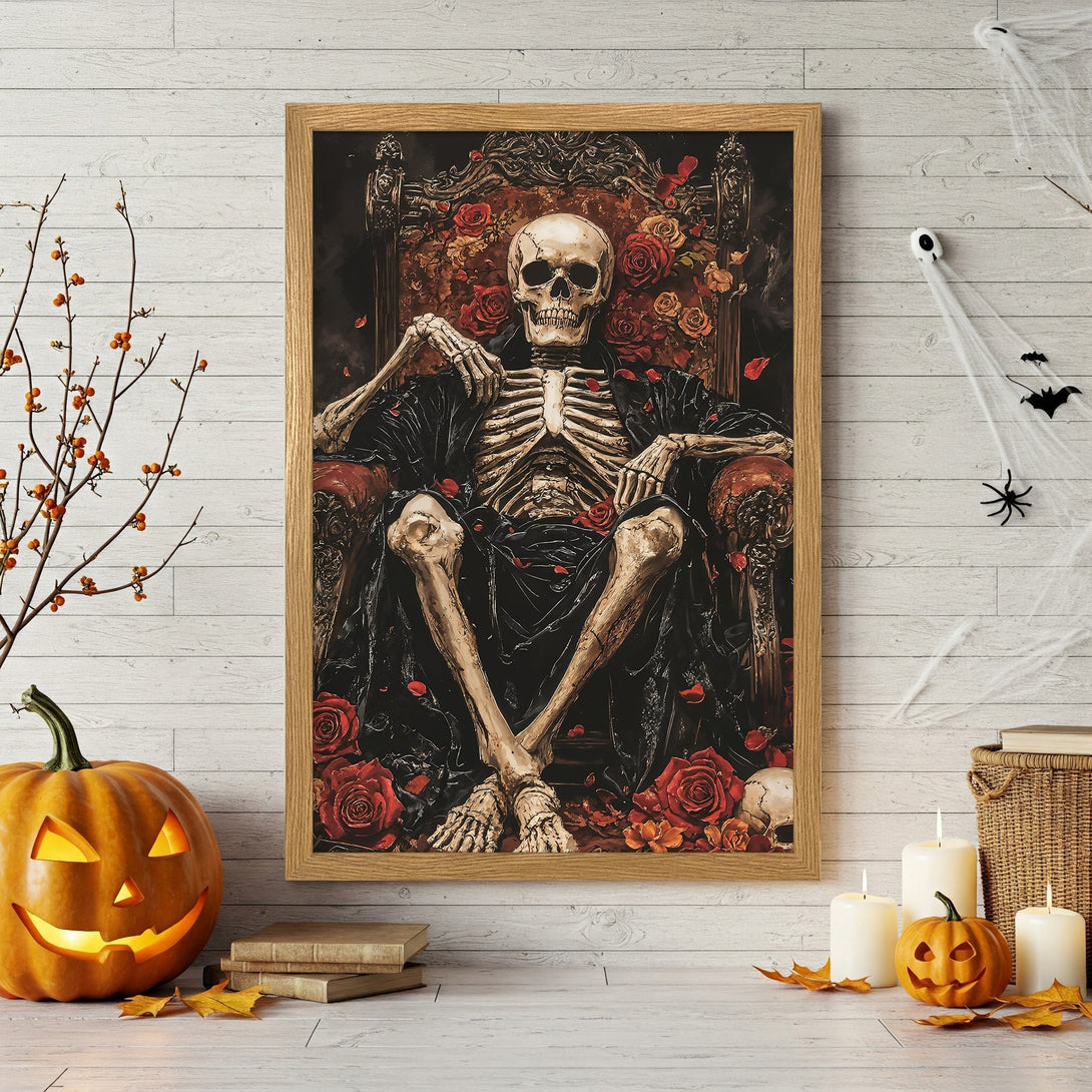 Framed Poster featuring a skeleton on a throne, gothic style, with a red and black color palette, perfect for Halloween decor.