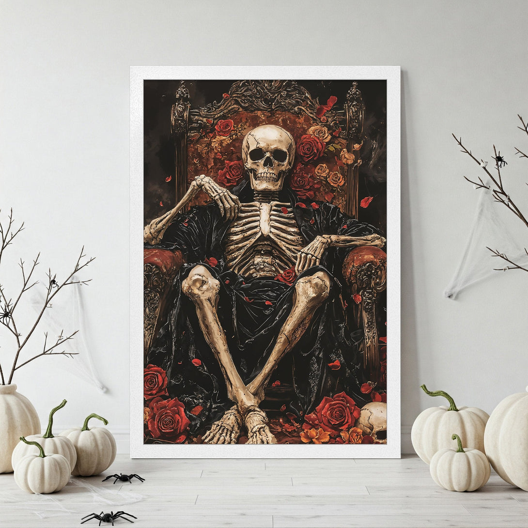 Framed Poster featuring a regal skeleton on a throne with red roses, dark and moody style, rich color palette.