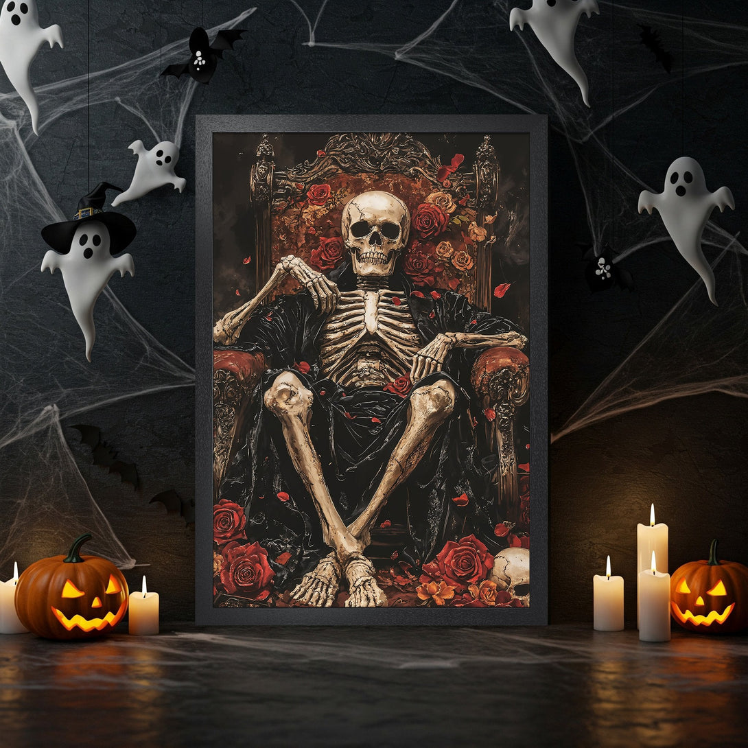 Framed Poster featuring a skeleton on a throne, gothic style, with red and black color palette, perfect for Halloween decor.