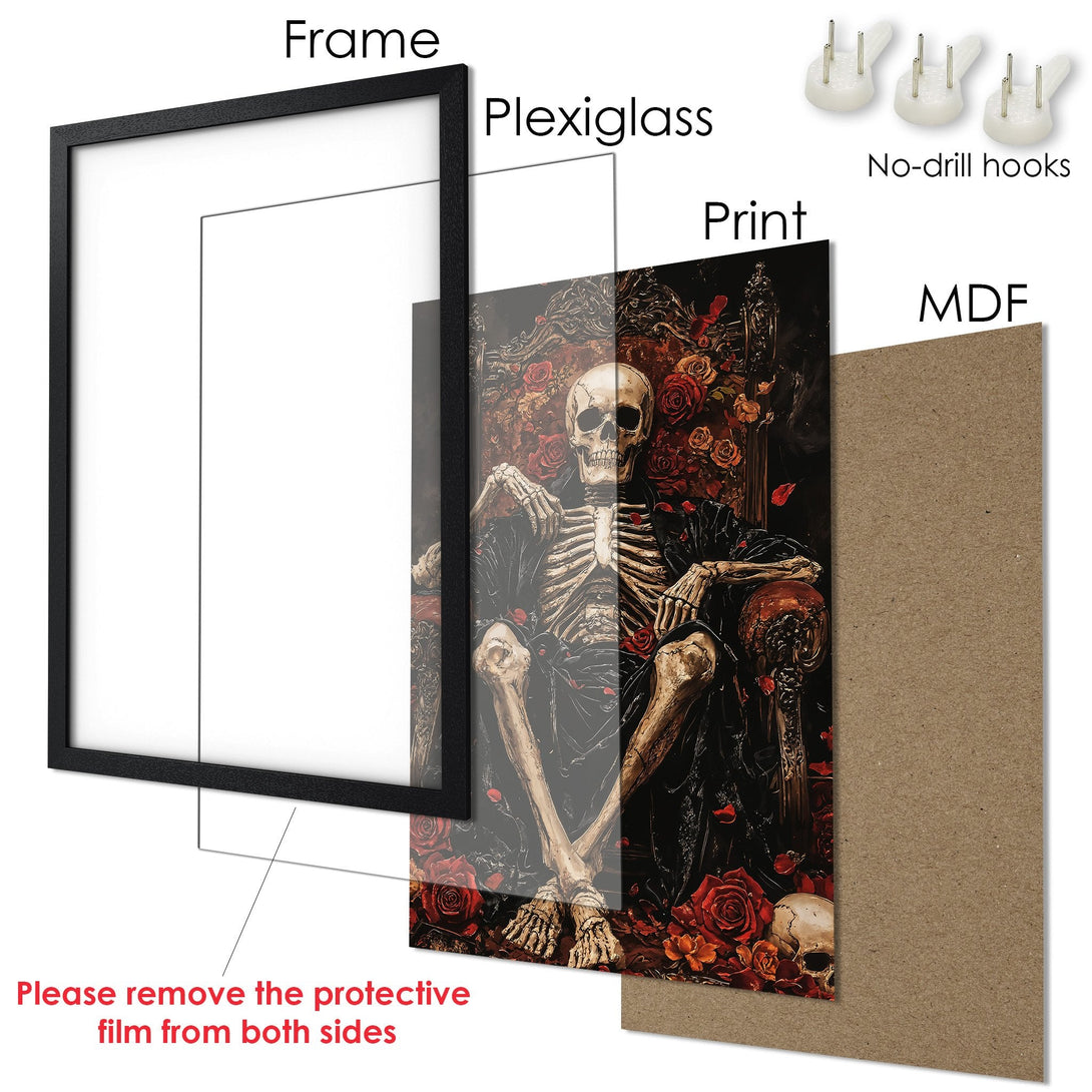 Framed Poster featuring a skeleton on a throne, gothic style, with a dark red and brown color palette. Perfect wall art!