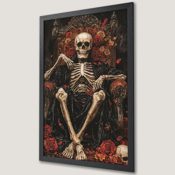 Framed Poster featuring a skeleton on a throne with roses, gothic art style, dark red and black color palette. Perfect wall decor.