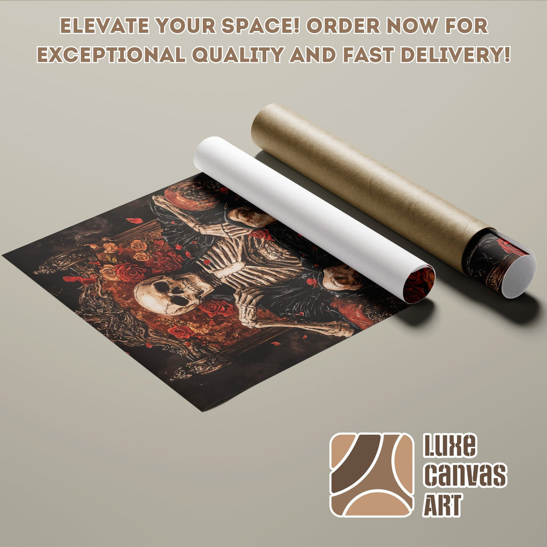 Poster Roll featuring a gothic skull and roses art print, dark color palette.