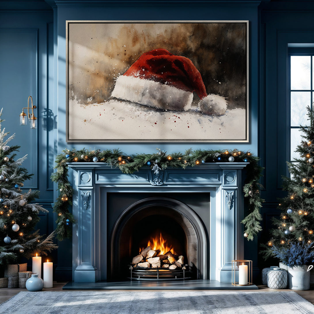 Framed Wall Art: Watercolor Santa hat in a cozy blue and red Christmas interior. Perfect holiday decor for a festive living room.