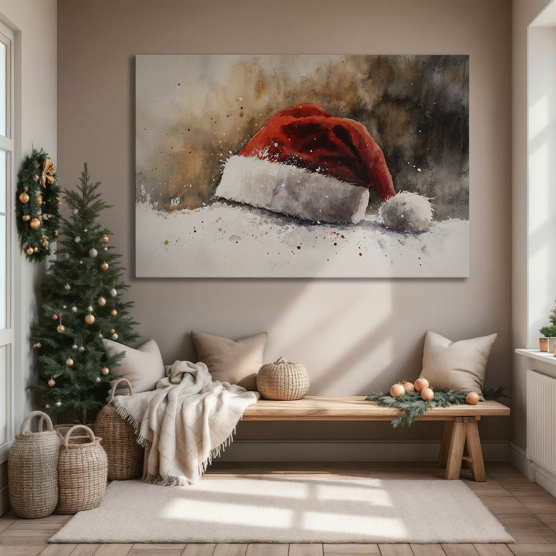 Framed Wall Art: Watercolor Santa hat in a cozy living room. Festive red, white, and brown color palette. Perfect Christmas decor for a warm, inviting space.