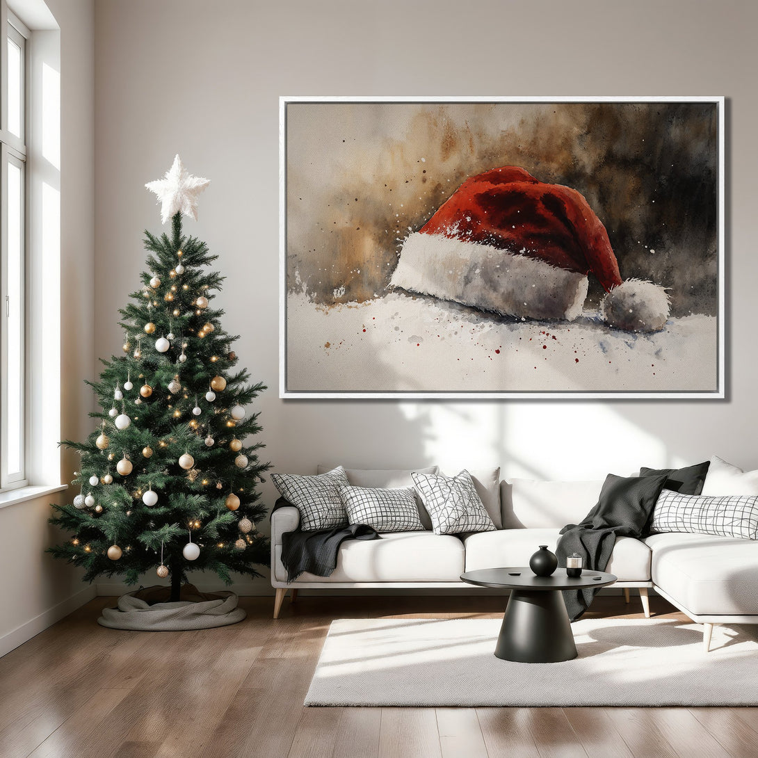 Framed Wall Art: Watercolor Santa hat in a cozy living room. Red, white, and brown tones. Perfect Christmas decor for a festive touch!