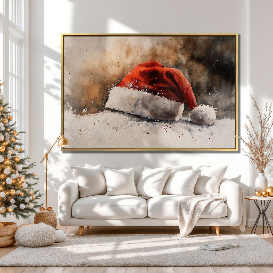 Canvas Print of Santa hat watercolor art in a cozy neutral-toned interior. Perfect Christmas wall decor!