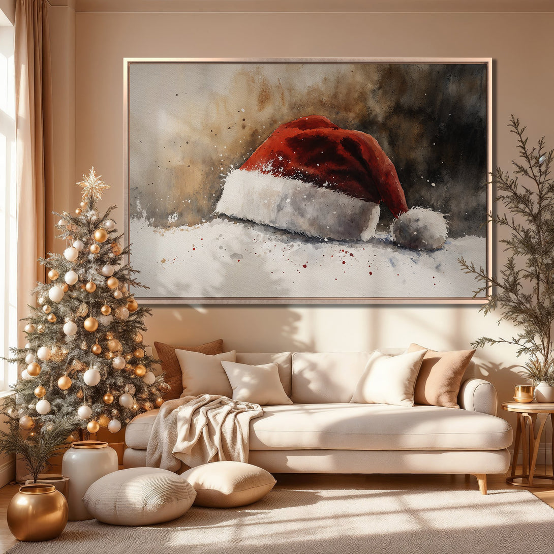 Framed Wall Art: Watercolor Santa hat in warm, earthy tones. Perfect Christmas decor. Shop now for cozy, festive vibes!