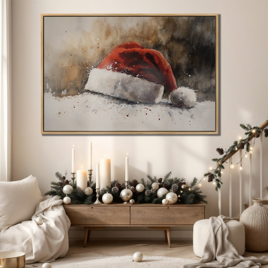 Framed Wall Art featuring a watercolor Santa hat in a warm, neutral palette. Perfect Christmas decor! Shop our Canvas Print collection today.