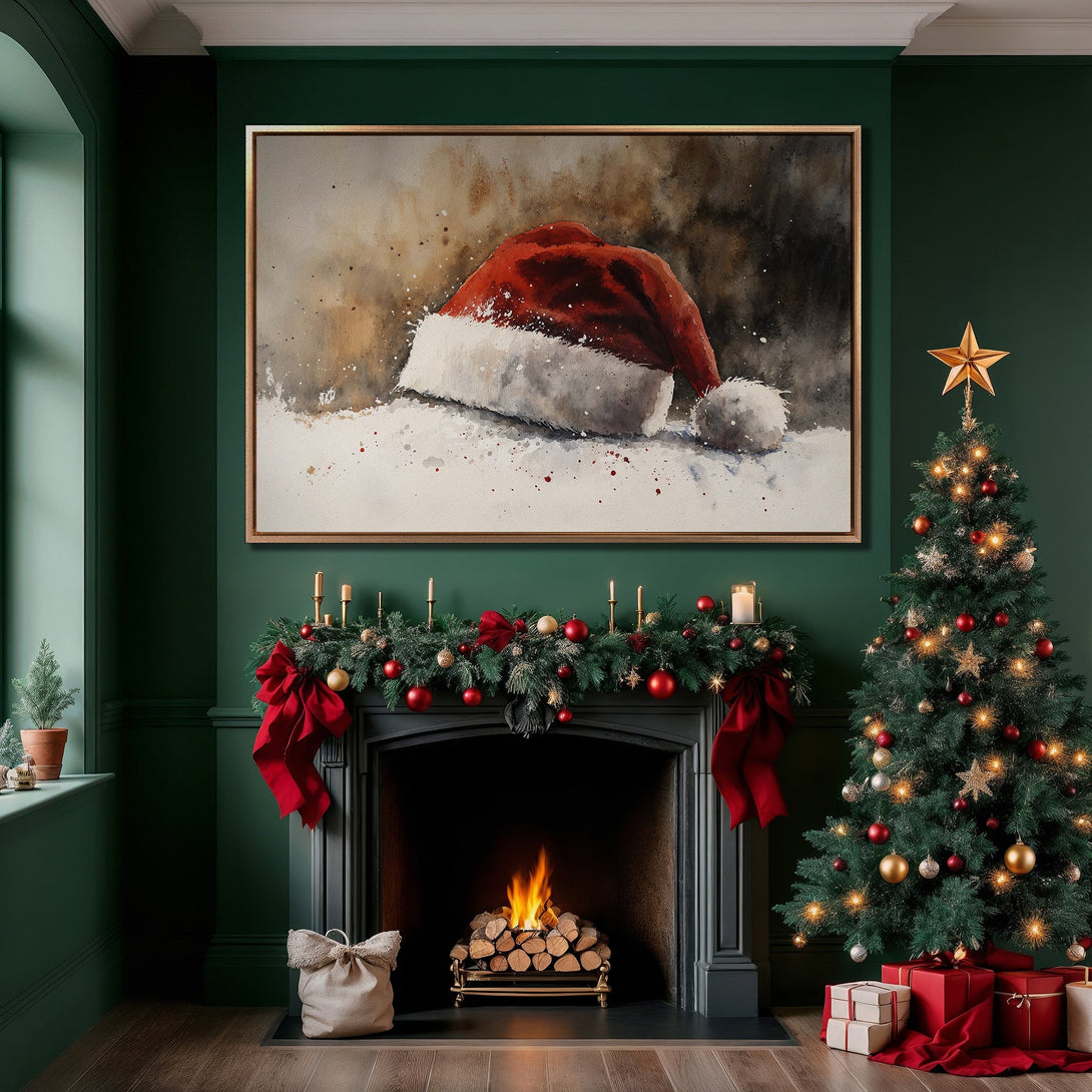 Framed Wall Art: Watercolor Santa hat print in a cozy Christmas interior. Features a warm, festive color palette of red, green, and gold.