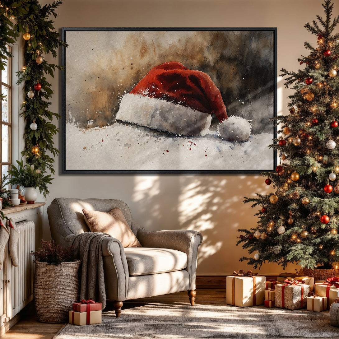 Framed Wall Art featuring a watercolor Santa hat in a cozy Christmas interior. Warm, neutral color palette with pops of red. Perfect holiday decor!