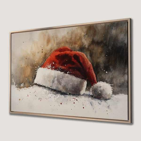 Framed Wall Art: Watercolor Santa hat on canvas. Festive holiday decor in red, white, and brown tones. Perfect Christmas gift!