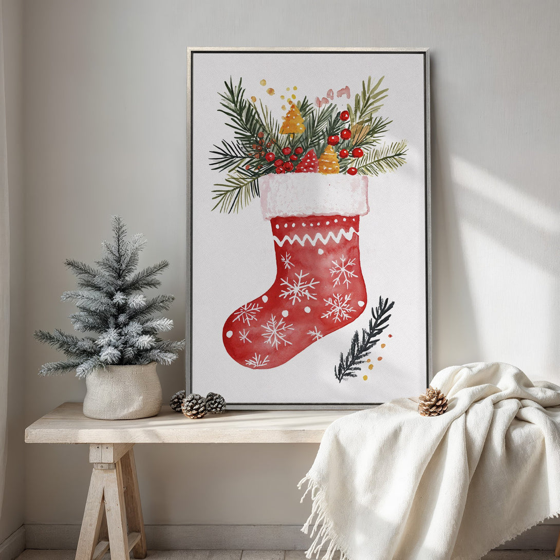 Framed Wall Art: Festive watercolor Christmas stocking print in red & white. Perfect holiday decor, adds a cozy touch to any room. Shop now!
