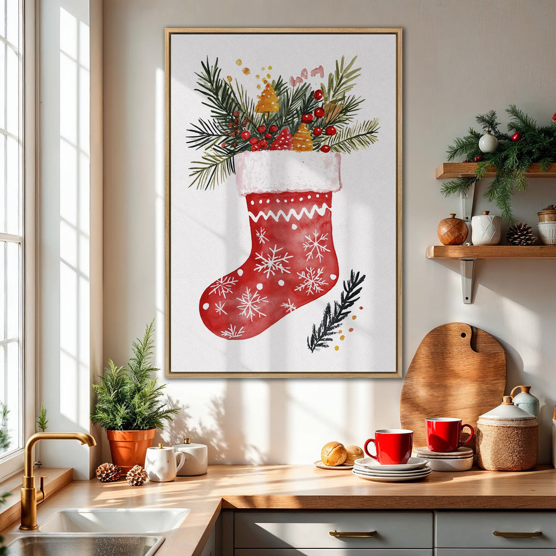 Framed Wall Art: Watercolor Christmas stocking print with red, green, and white color palette. Festive decor for your home. Shop now for holiday art!